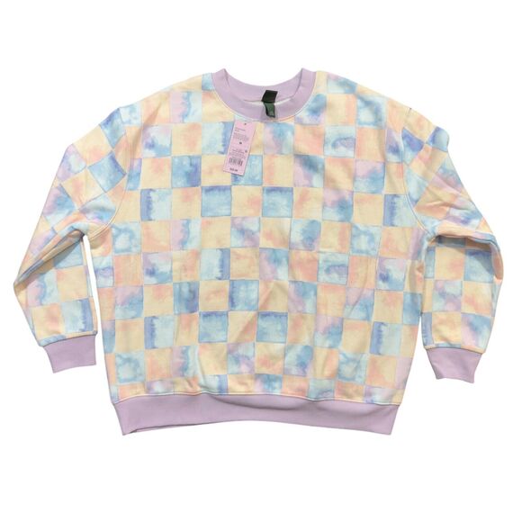 Wild Fable Tops - Wild Fable Sweatshirt Women Medium Pink Blue Square Print Pastel Fleece Pullover